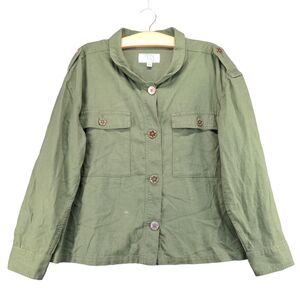 Time And Tru Button Up Linen Jacket Womens XL Long Sleeve Green Chest Pockets
